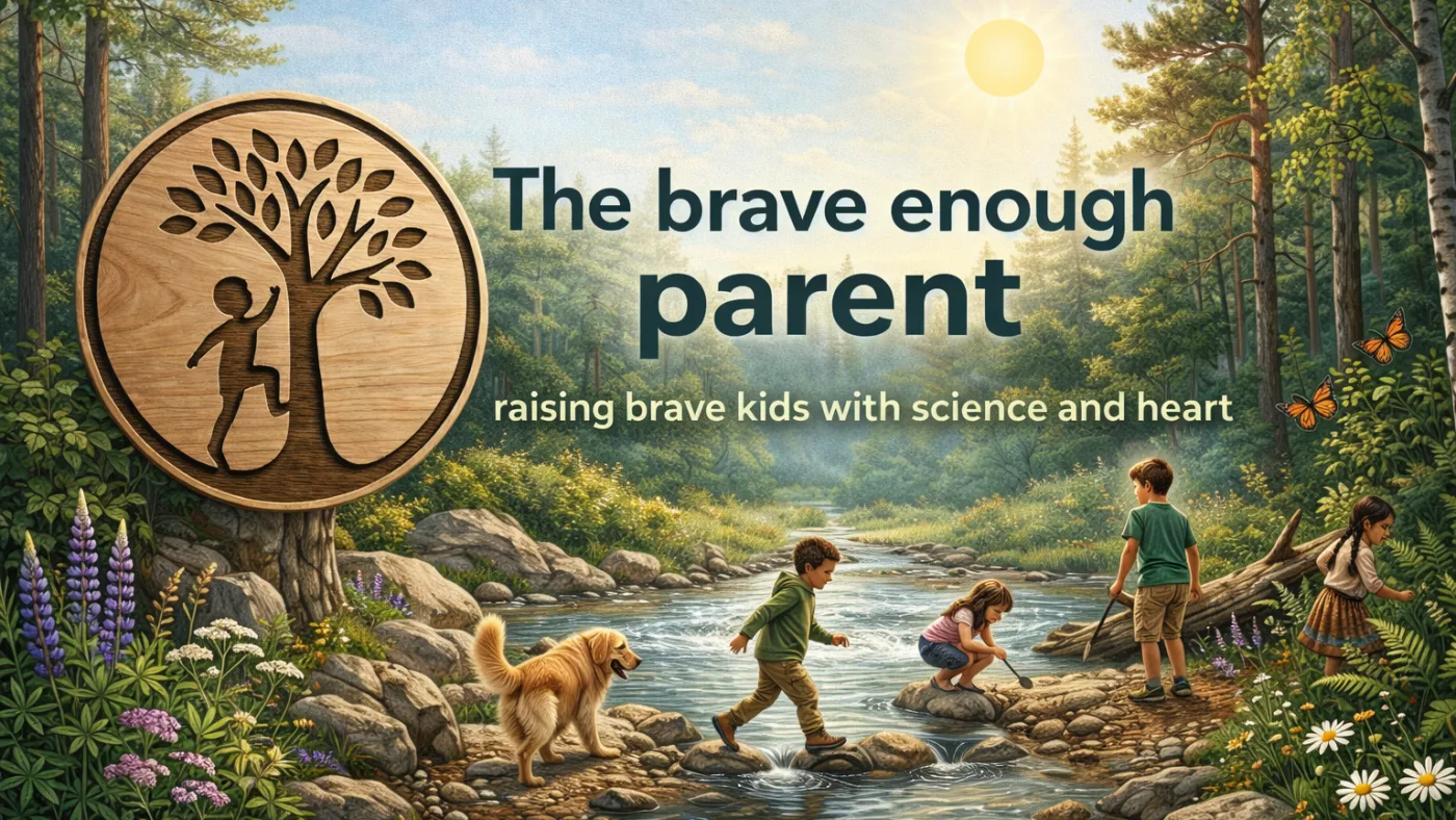 The Brave Enough Parent logo: an illustrated tree-and-child mark over a forest creek scene, with the tagline "raising brave kids with science and heart."