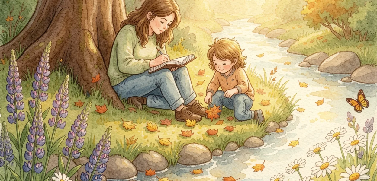 Watercolor storybook illustration of a parent writing in a journal under an oak tree while a child plays with autumn leaves beside a forest creek.