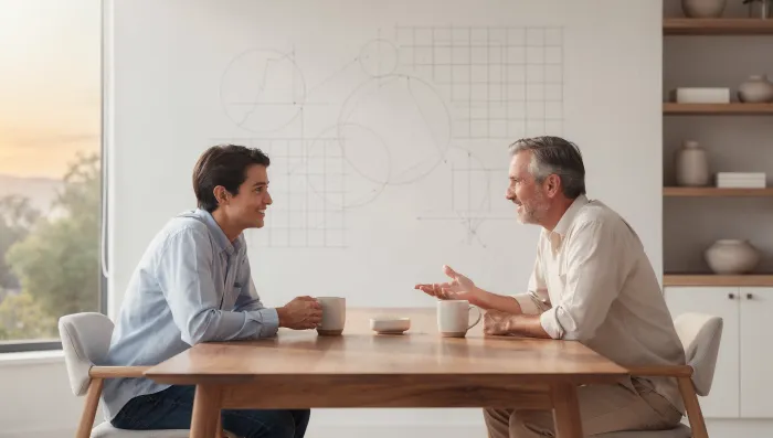 Parent and coach talking warmly over coffee at a wooden table, natural light, Austin Texas home setting.