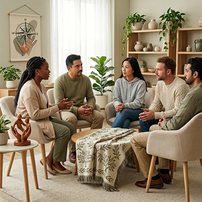 A diverse group of illustrated parents gathered in a warm, welcoming circle, engaged in meaningful conversation and sharing experiences, with subtle visual elements representing guidance, support, and community connection.