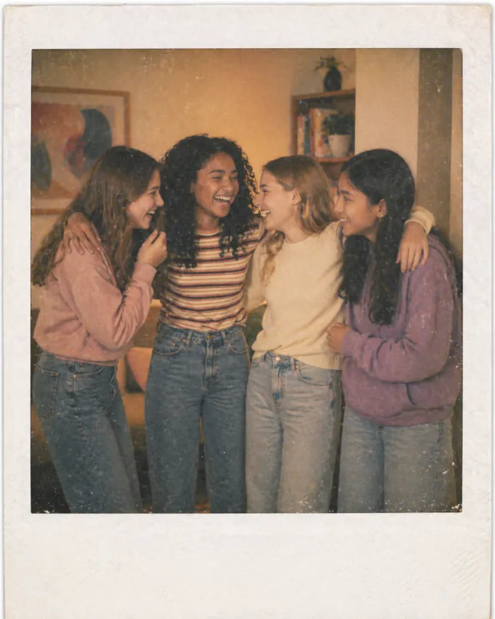 Illustration in a Polaroid-photo style: four teen girls laughing together with arms around each other, all included in the group.