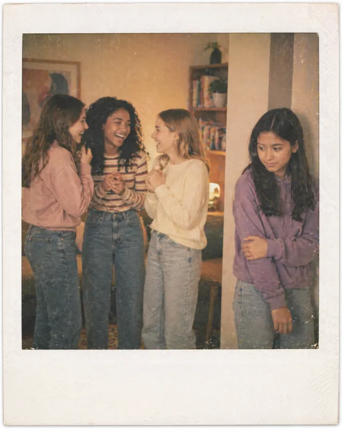 Illustration in a Polaroid-photo style: three teen girls laughing together while a fourth girl stands apart, arms crossed, looking hesitant to join in.