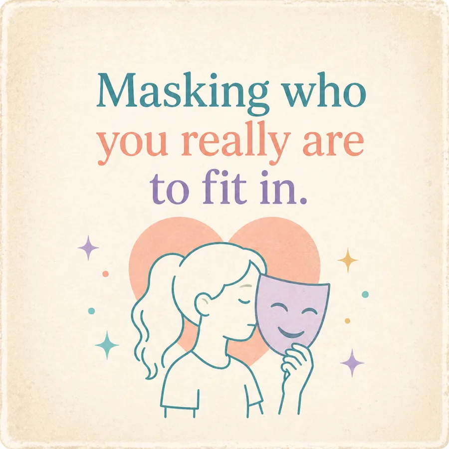 Illustration representing masking — hiding how you really feel to fit in socially.