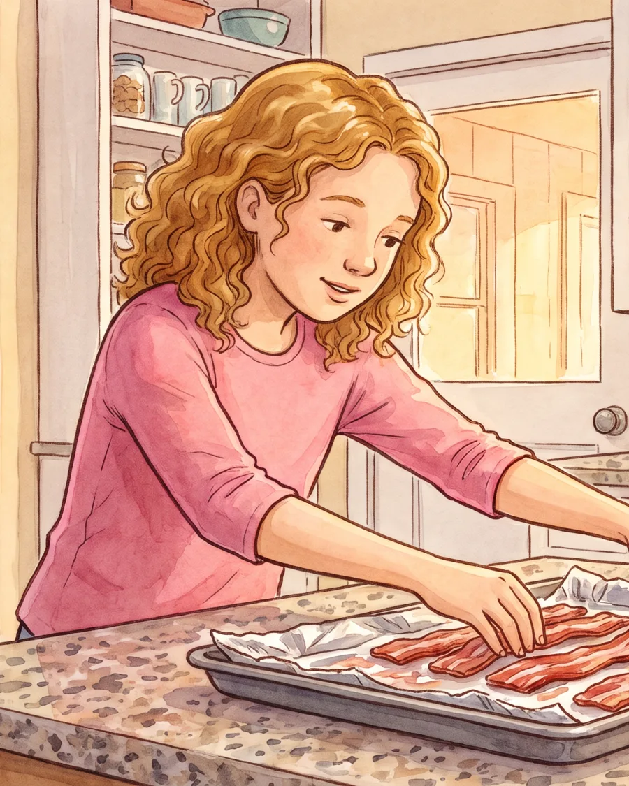 Storybook illustration of a girl with curly hair at a kitchen counter, carefully laying bacon strips on a baking tray.