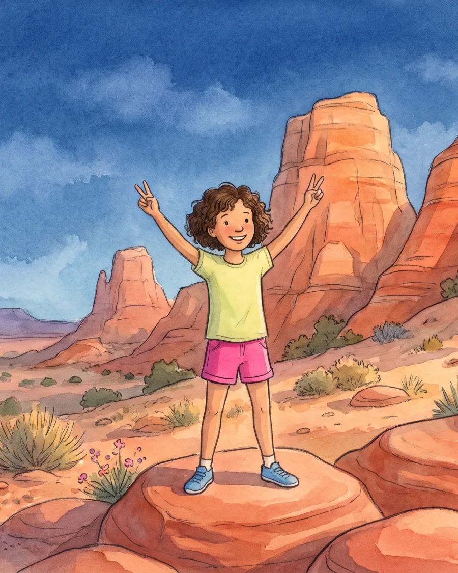 Storybook illustration of a girl standing on red desert rocks with both arms raised in celebration, red rock towers behind her.